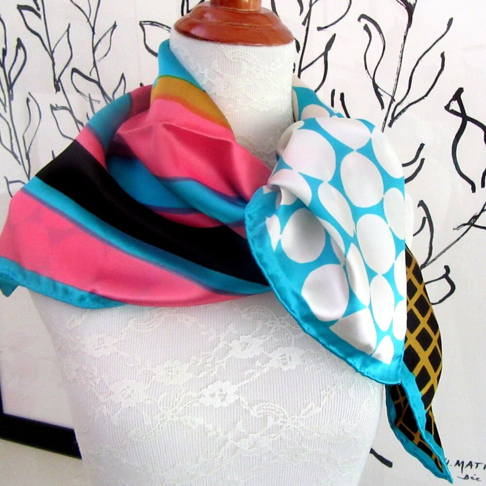 Abstract colorful scarf made in Argentina - turquoise pink gold black - Limusin